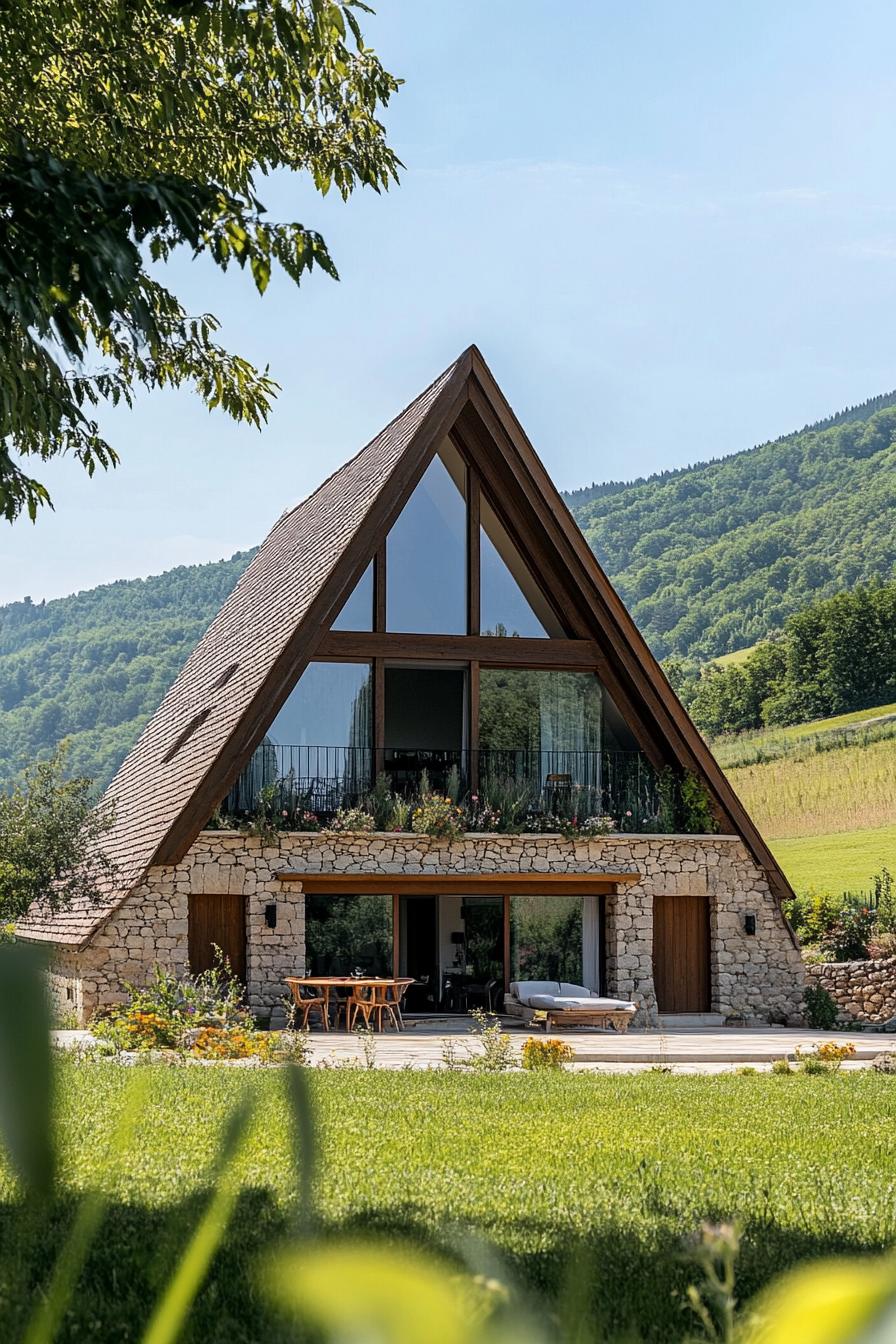 modern French chalet house A frame facade with panoramic windows green provencal fields in the background 2