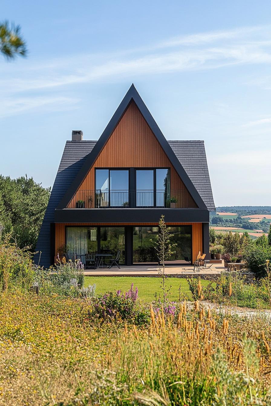 modern French chalet house A frame facade with panoramic windows green provencal fields in the background 3