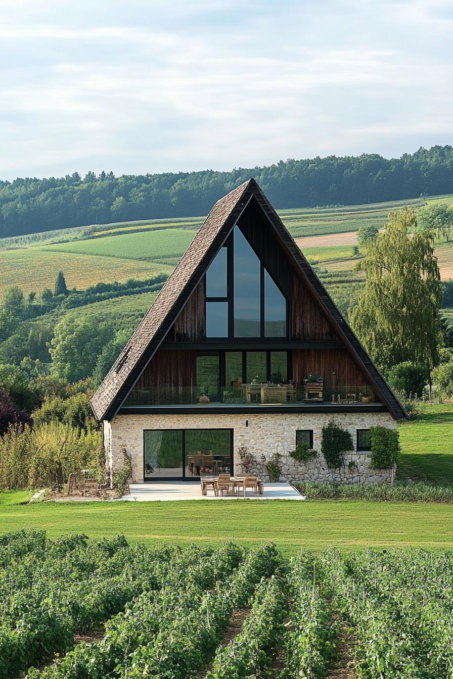 modern French chalet house A frame facade with panoramic windows green provencal fields in the background