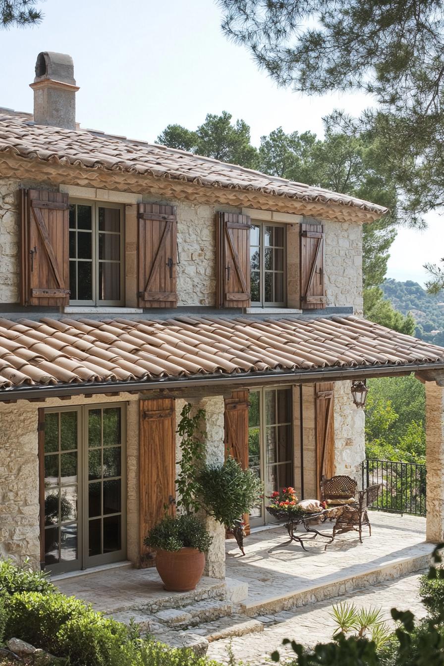 modern French country house with rustic shutters and metal roof French riviera views 1