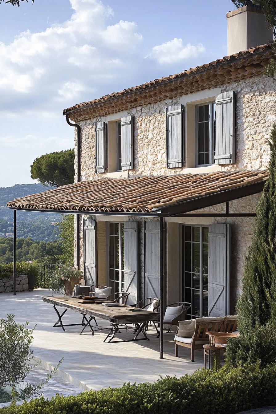 modern French country house with rustic shutters and metal roof French riviera views 2