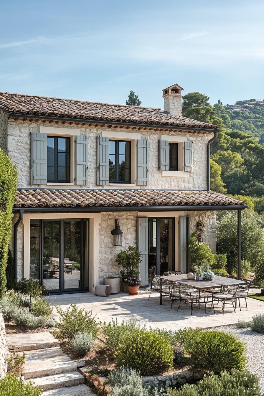 modern French country house with rustic shutters and metal roof French riviera views