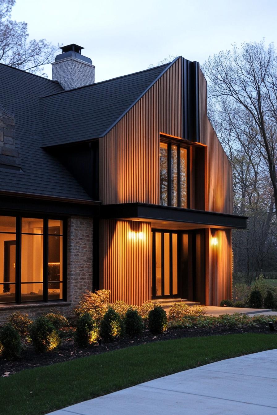 modern French house facade with vertical wood slats LED lighting French country side in winder 1