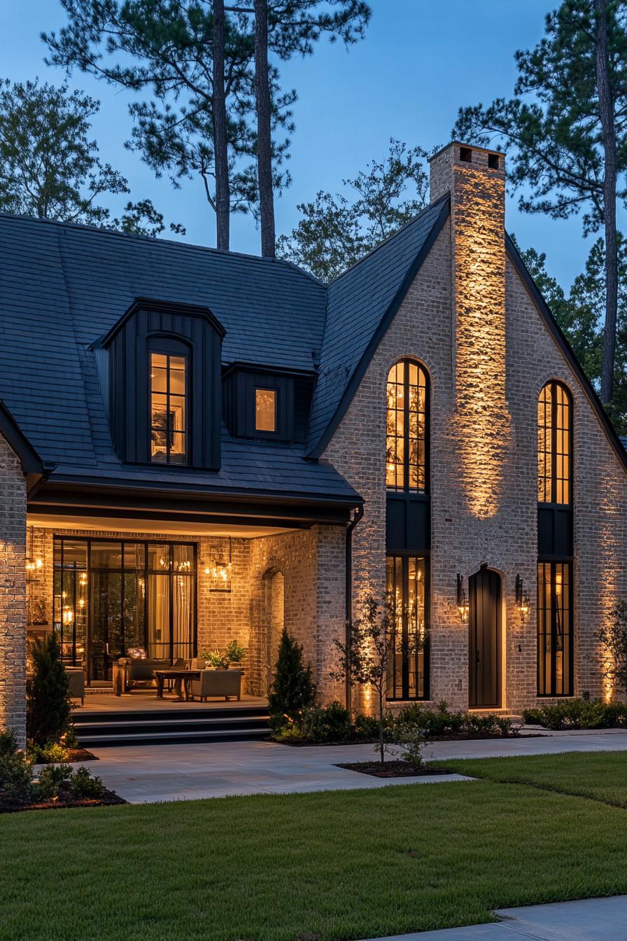 modern French house facade with vertical wood slats LED lighting French country side in winder 2