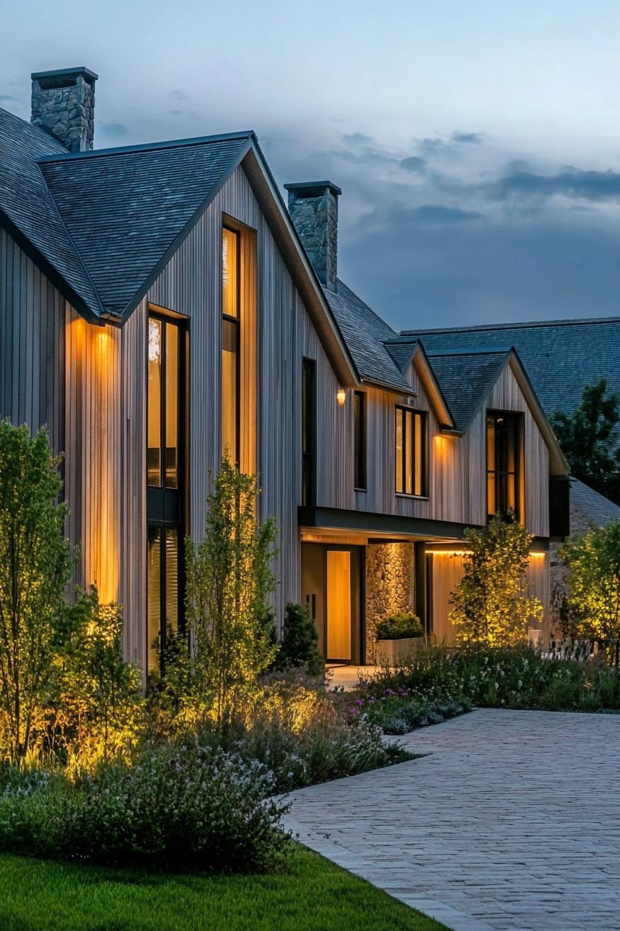 modern French house facade with vertical wood slats LED lighting French country side in winder