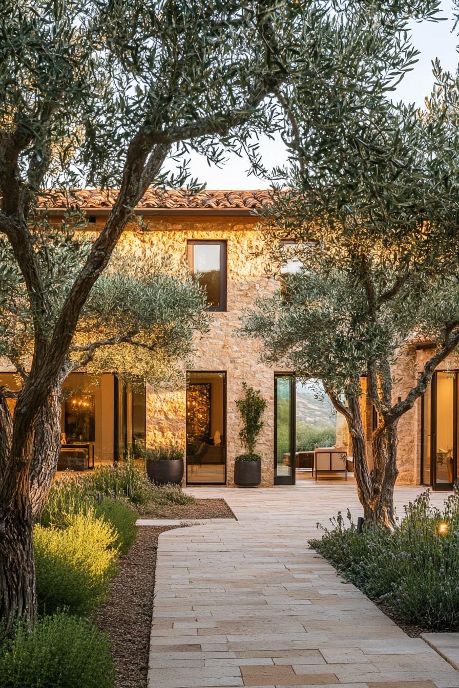 modern Tuscan home courtyard with olive trees 1