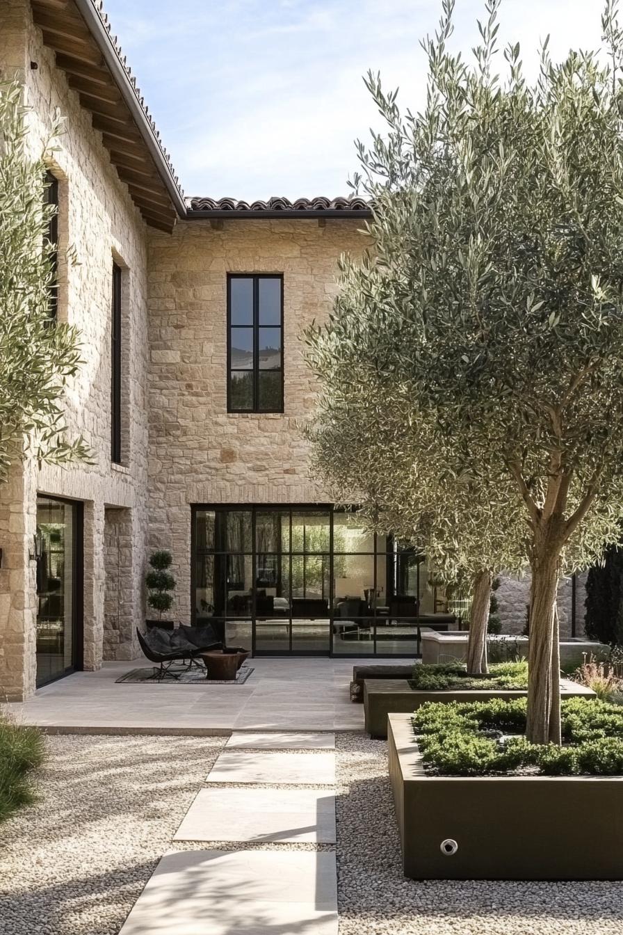 modern Tuscan home courtyard with olive trees 2