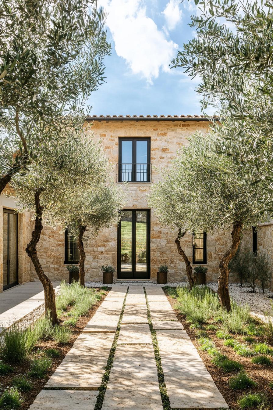 modern Tuscan home courtyard with olive trees 3