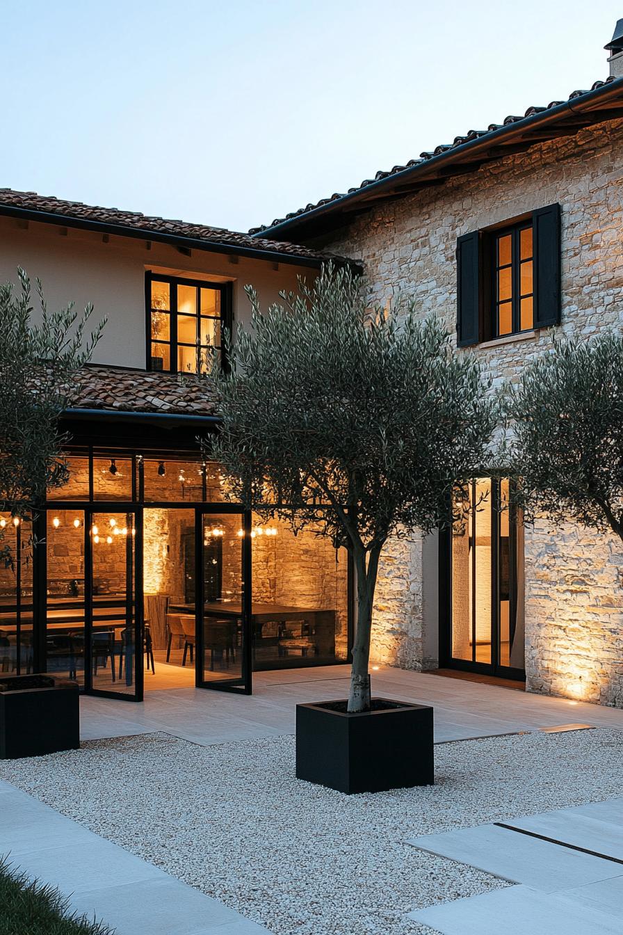 modern Tuscan home courtyard with olive trees