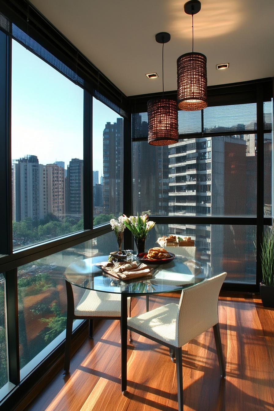 modern apartment small glass enclosed balcony interior with modern shades