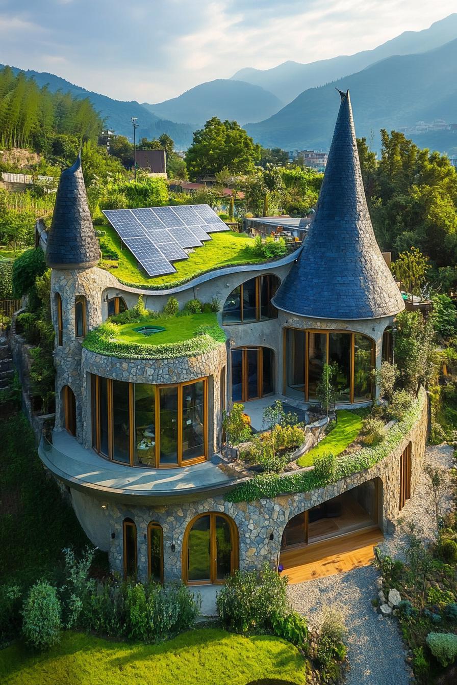 modern architecture castle with green roofs and solar panels 1