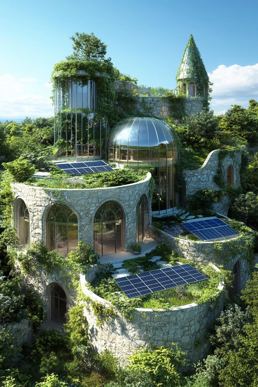 modern architecture castle with green roofs and solar panels 2