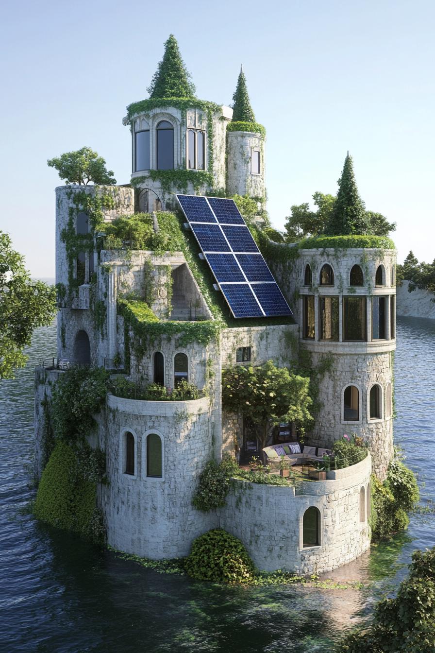 modern architecture castle with green roofs and solar panels 3