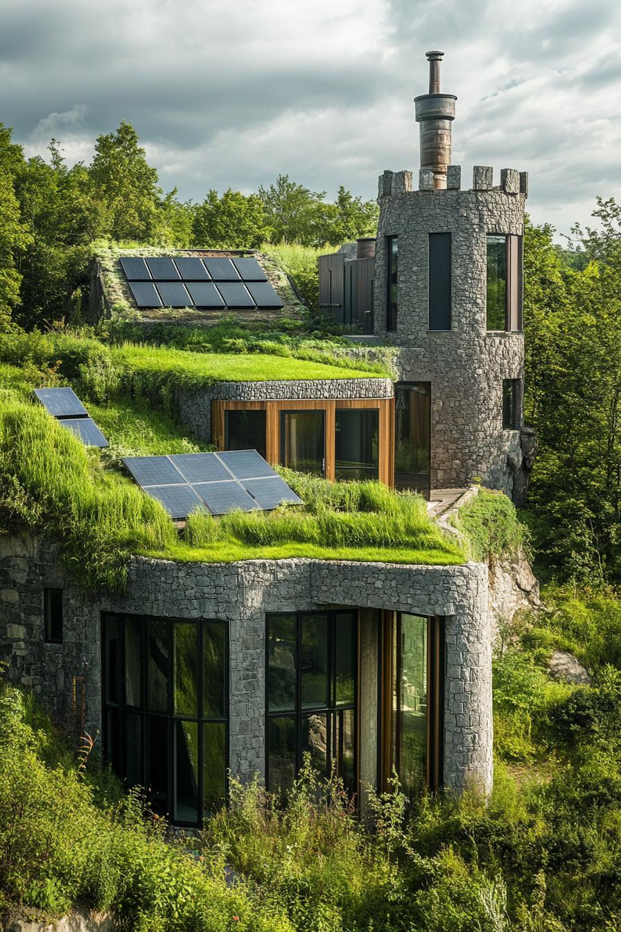 modern architecture castle with green roofs and solar panels