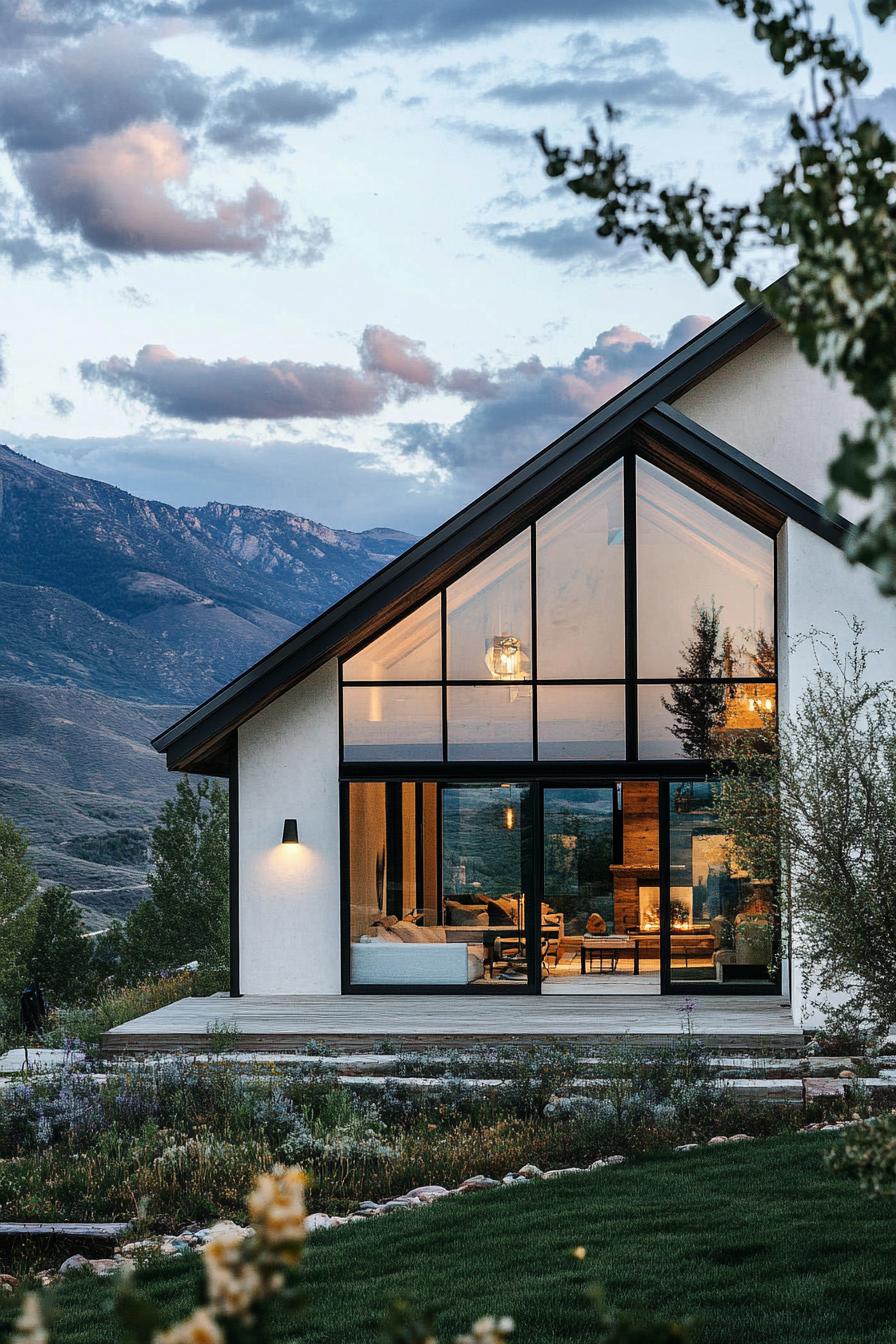 modern barn style house with lofted living space large windows overlooking stunning mountains 1