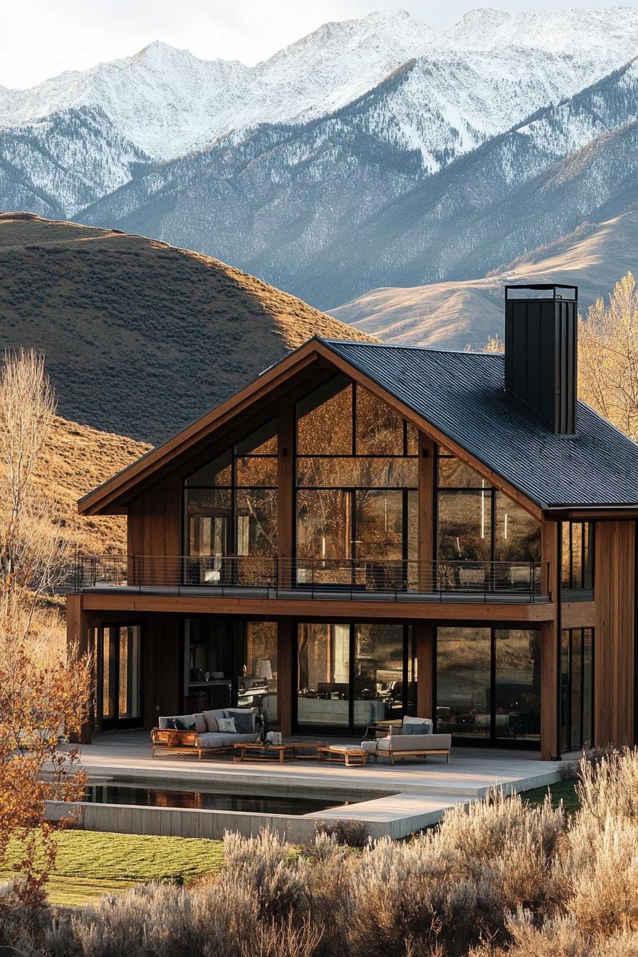 modern barn style house with lofted living space large windows overlooking stunning mountains 2