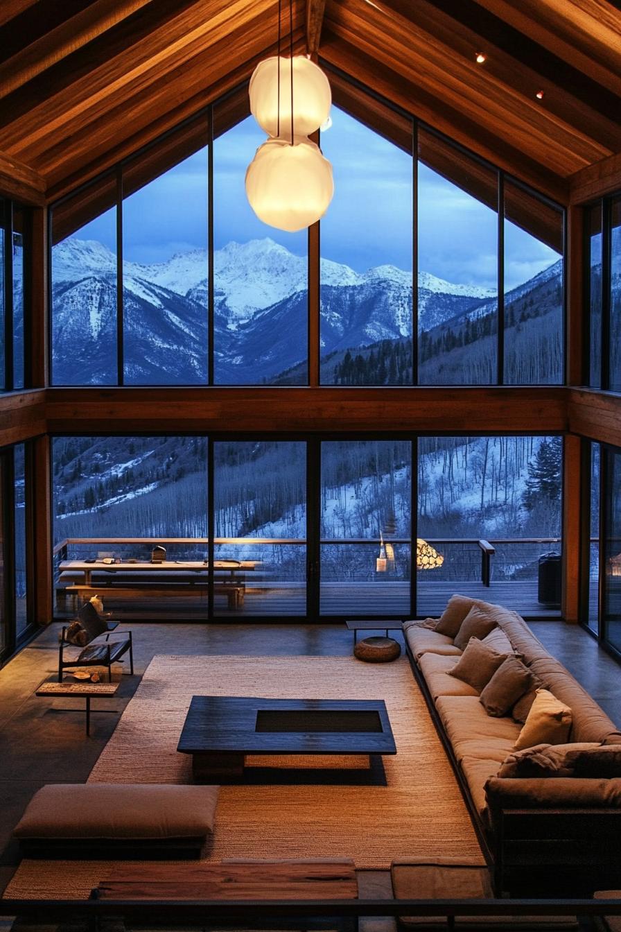 modern barn style house with lofted living space large windows overlooking stunning mountains 3