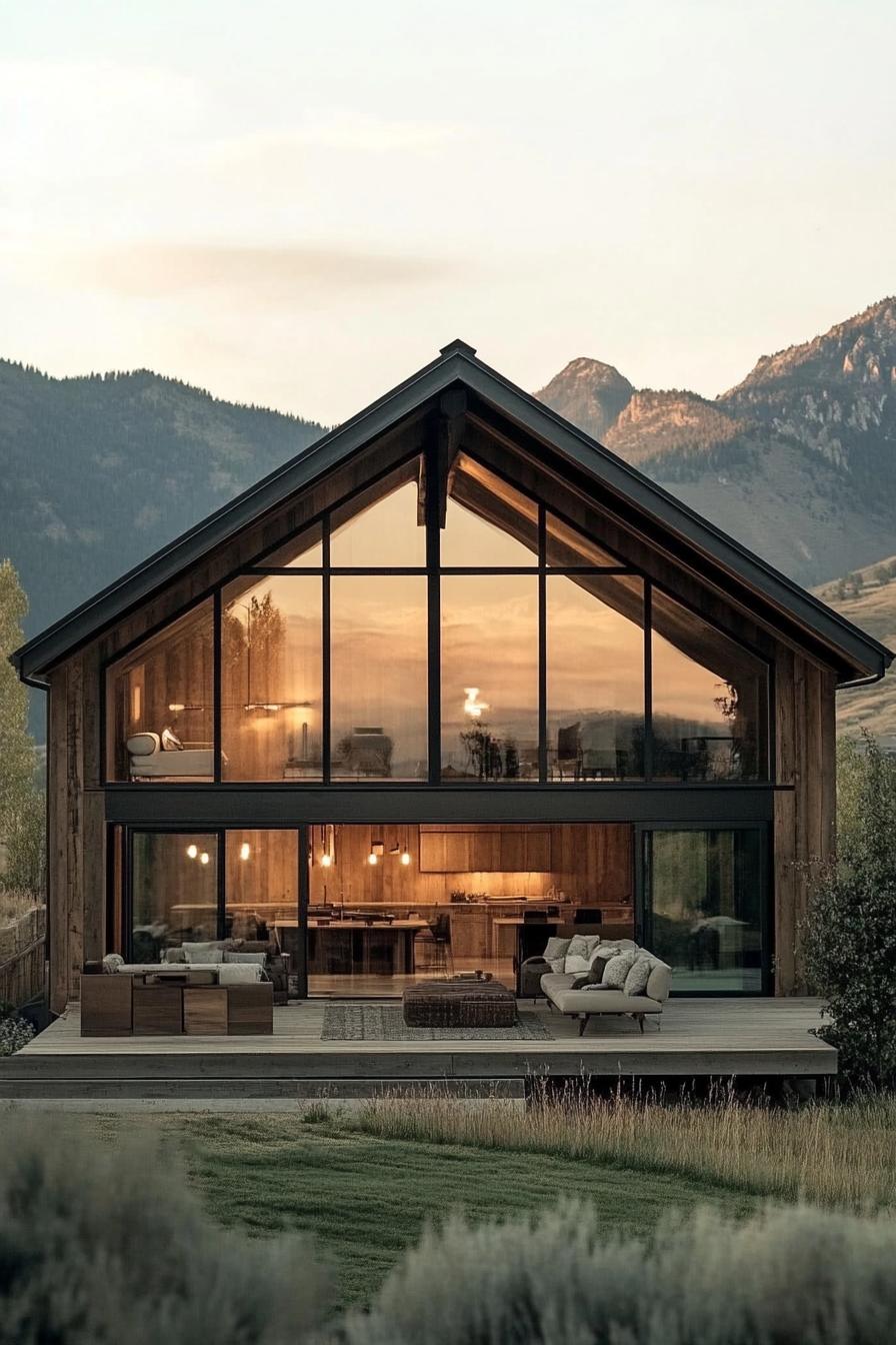 modern barn style house with lofted living space large windows overlooking stunning mountains