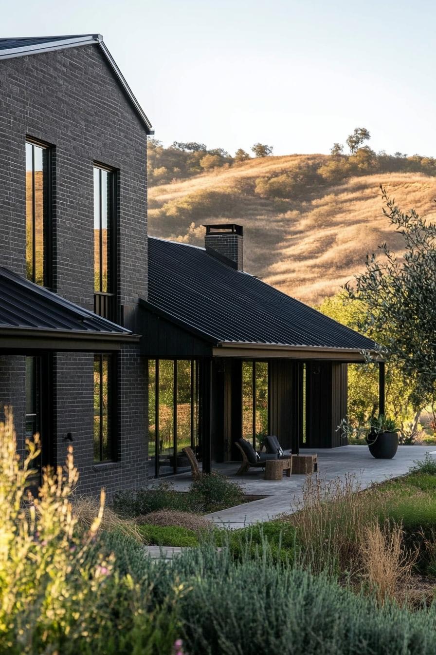 modern barndominium home black brick facade and black metal roof stunning green hill landscape 1