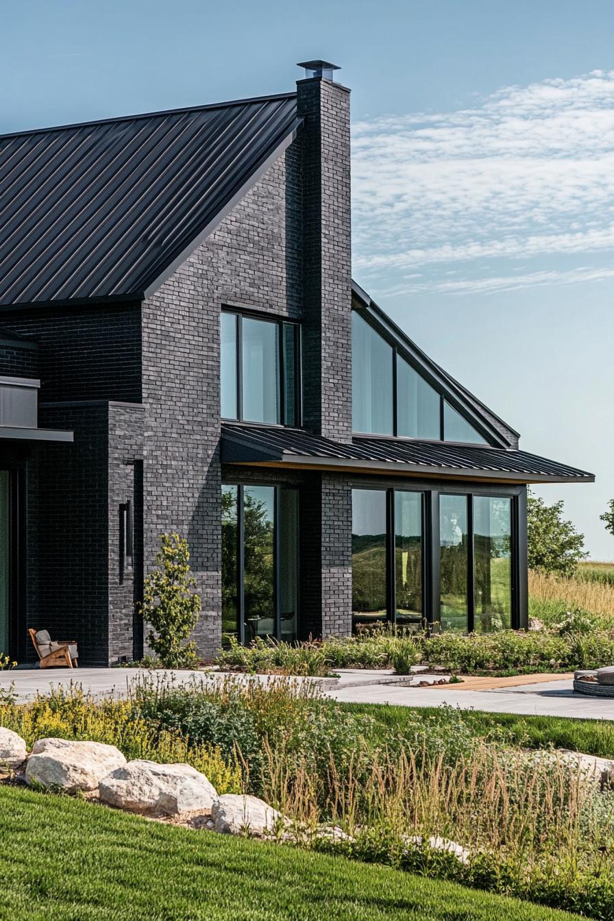 modern barndominium home black brick facade and black metal roof stunning green hill landscape 2