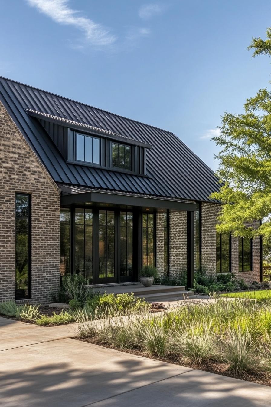 modern barndominium home black brick facade and black metal roof stunning green hill landscape 3