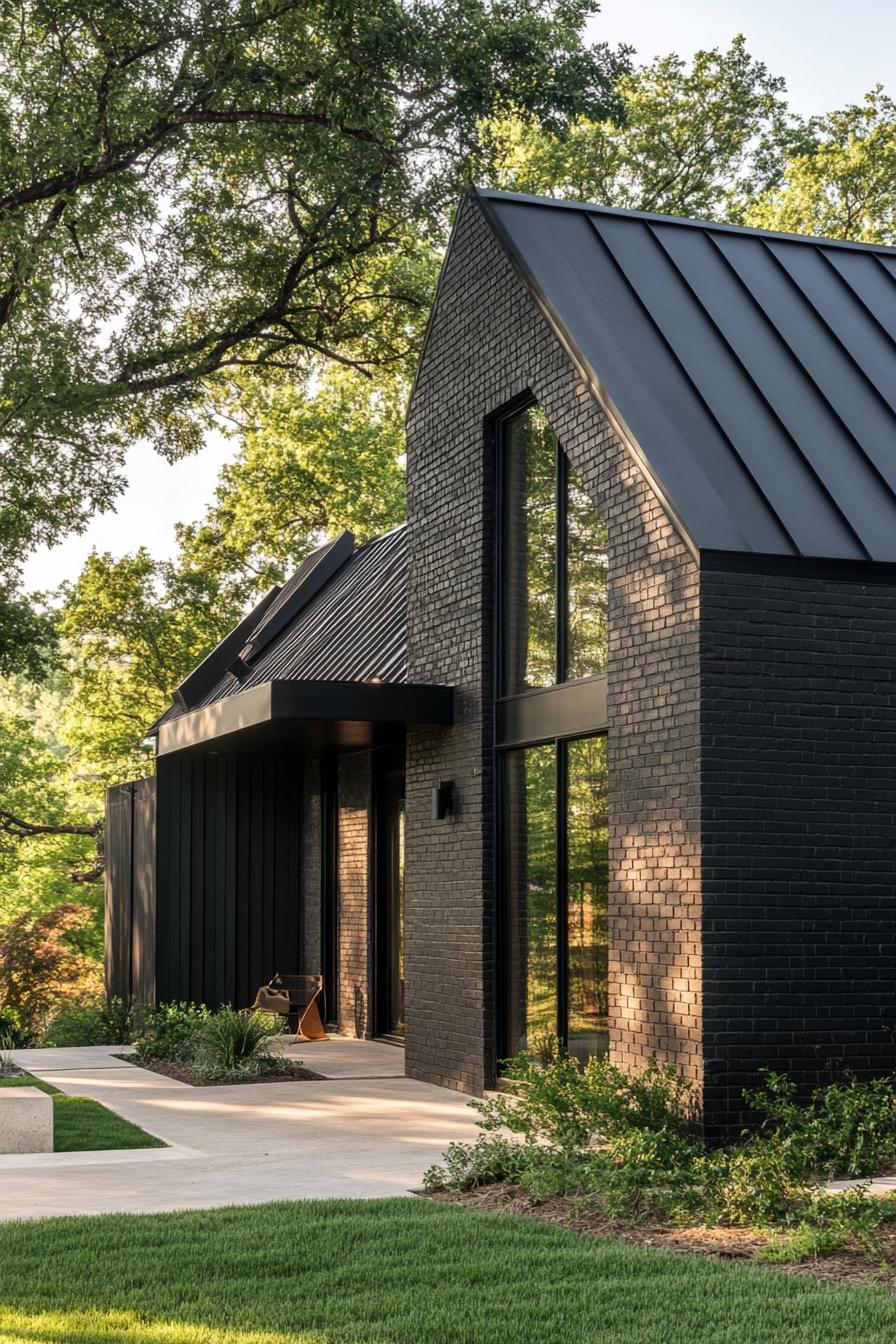 modern barndominium home black brick facade and black metal roof stunning green hill landscape