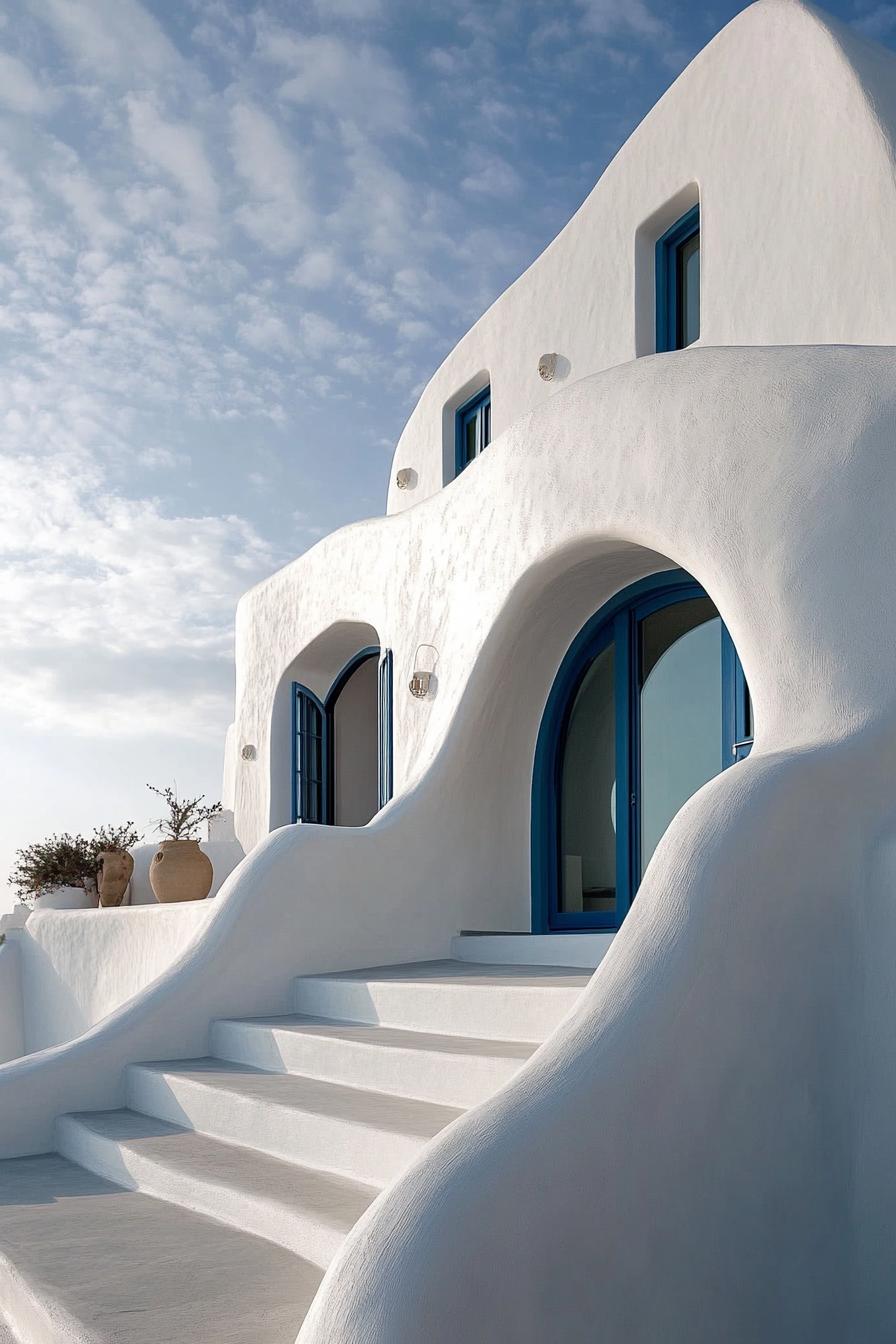 modern big stucco villa with blue accents in Santorini coast 1