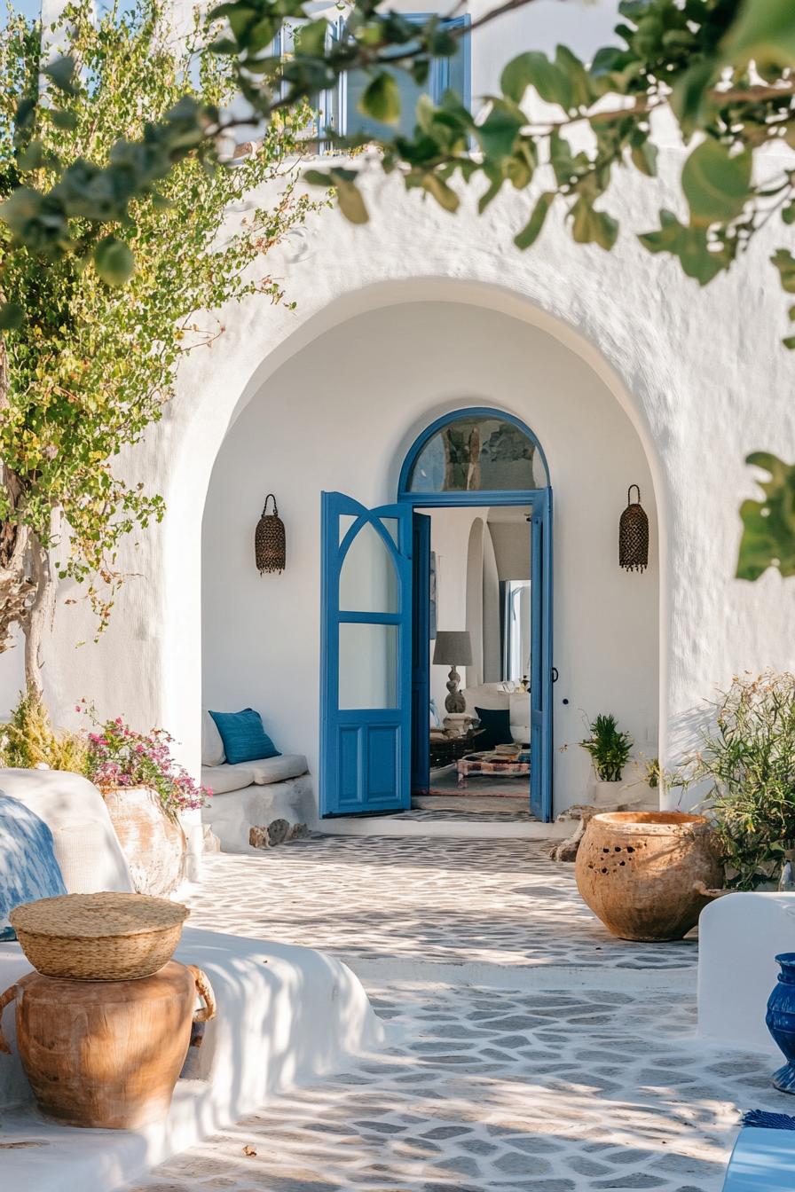 modern big stucco villa with blue accents in Santorini coast 2