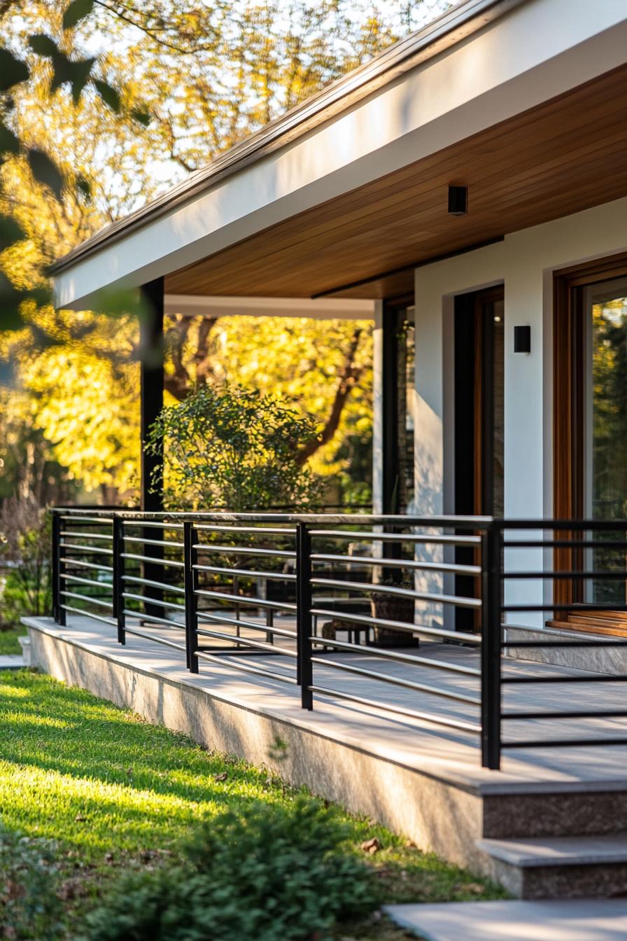 modern century house front porch with metal horizontal railings yard with trees visible 1