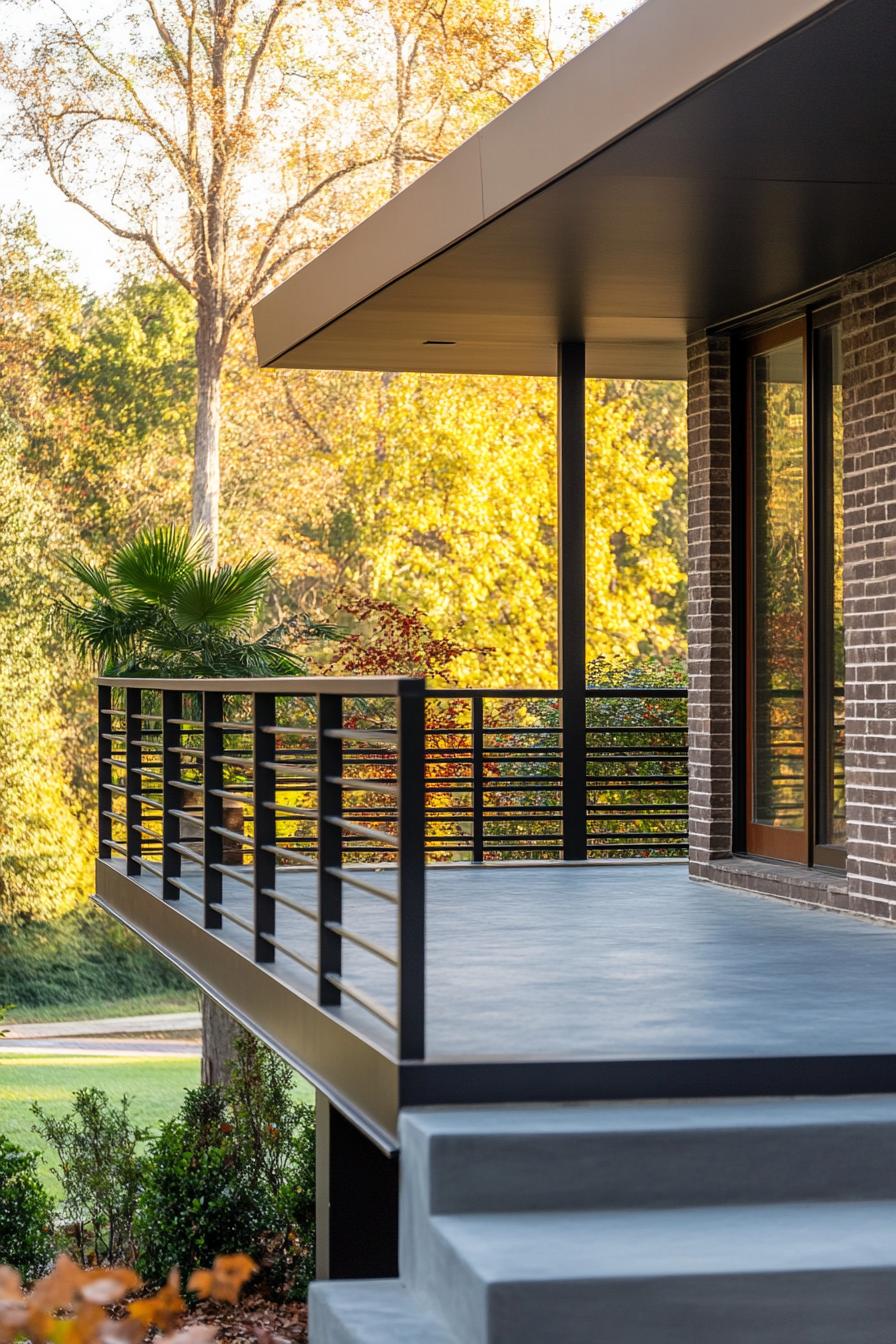 modern century house front porch with metal horizontal railings yard with trees visible 2