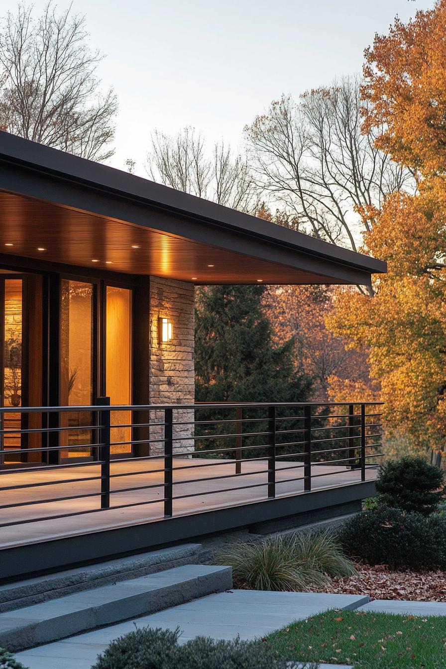 modern century house front porch with metal horizontal railings yard with trees visible 3