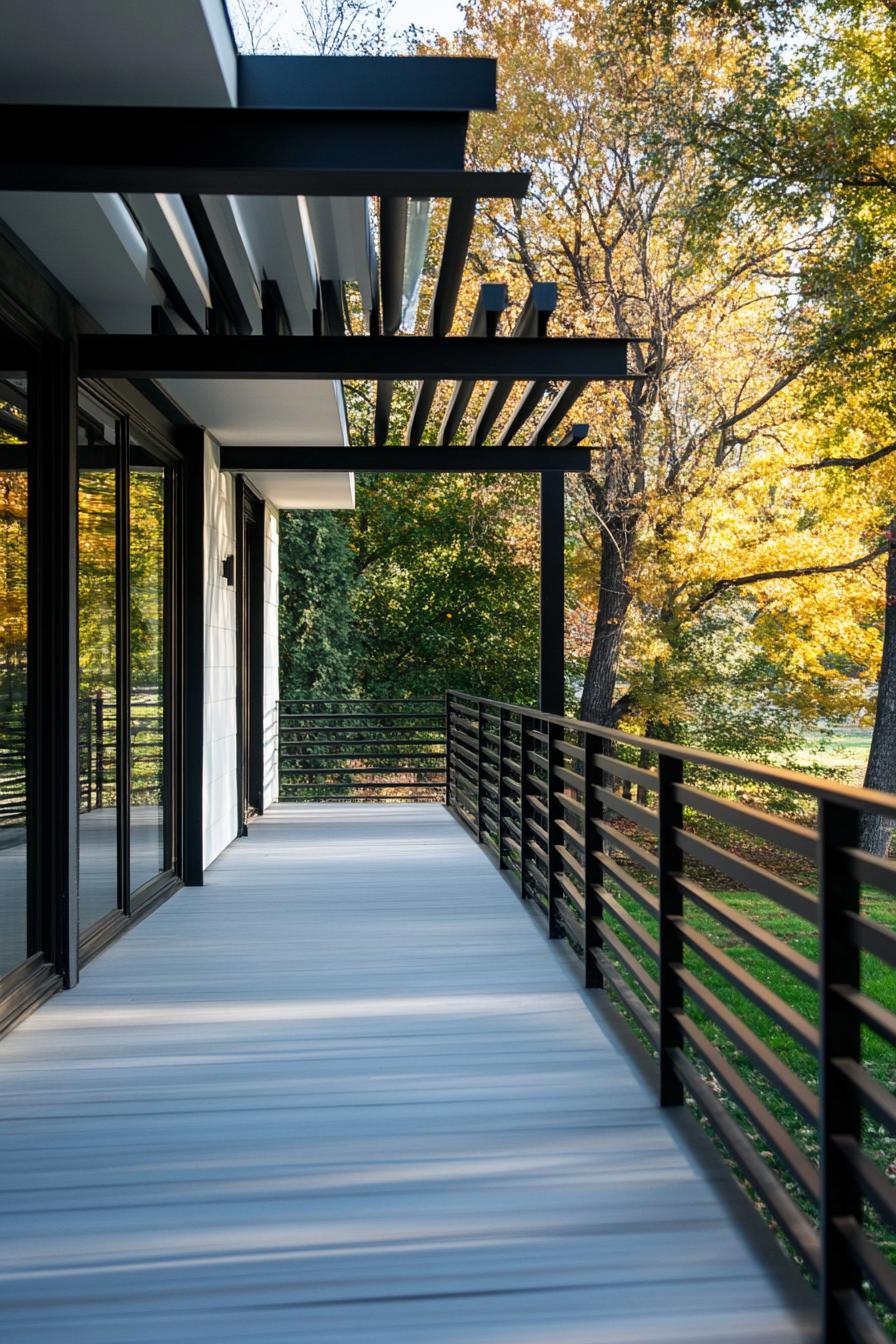 modern century house front porch with metal horizontal railings yard with trees visible