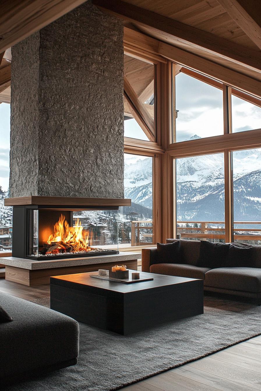 modern chalet double sided stone fireplace with large windows and stunning Alpine mountain views 1