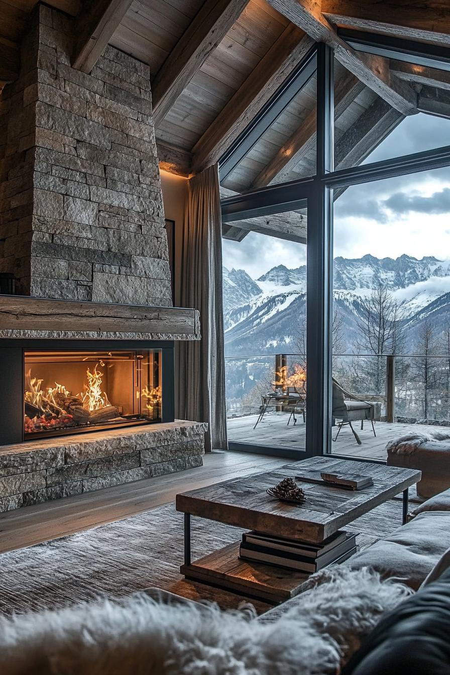 modern chalet double sided stone fireplace with large windows and stunning Alpine mountain views 2