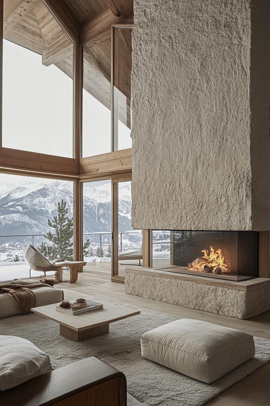 modern chalet double sided stone fireplace with large windows and stunning Alpine mountain views 3