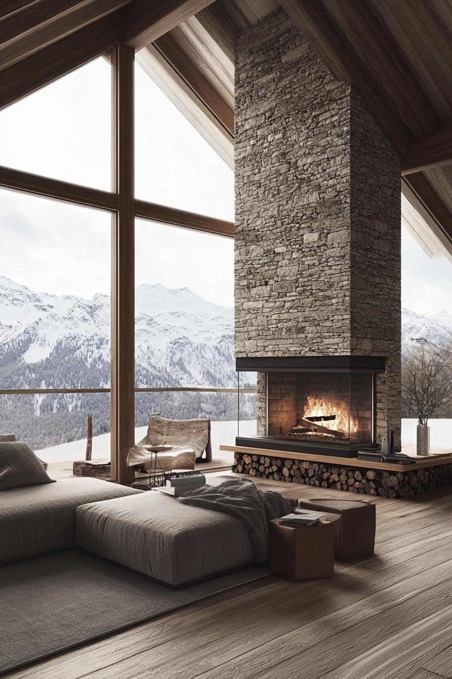 modern chalet double sided stone fireplace with large windows and stunning Alpine mountain views