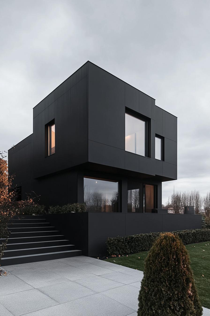 modern dark house matte black facade with oversize windows 1