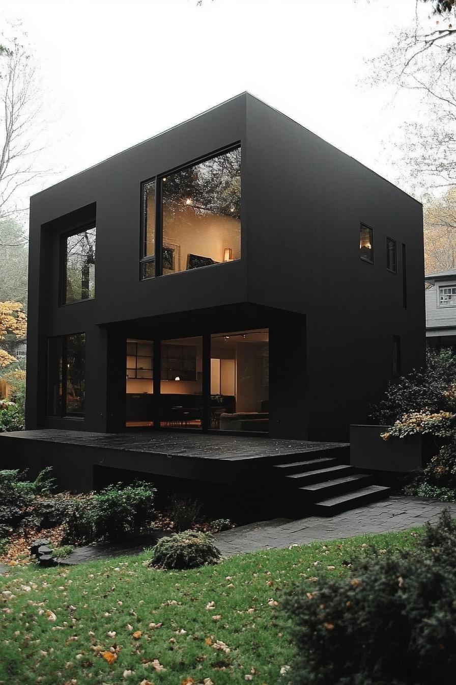 modern dark house matte black facade with oversize windows 2