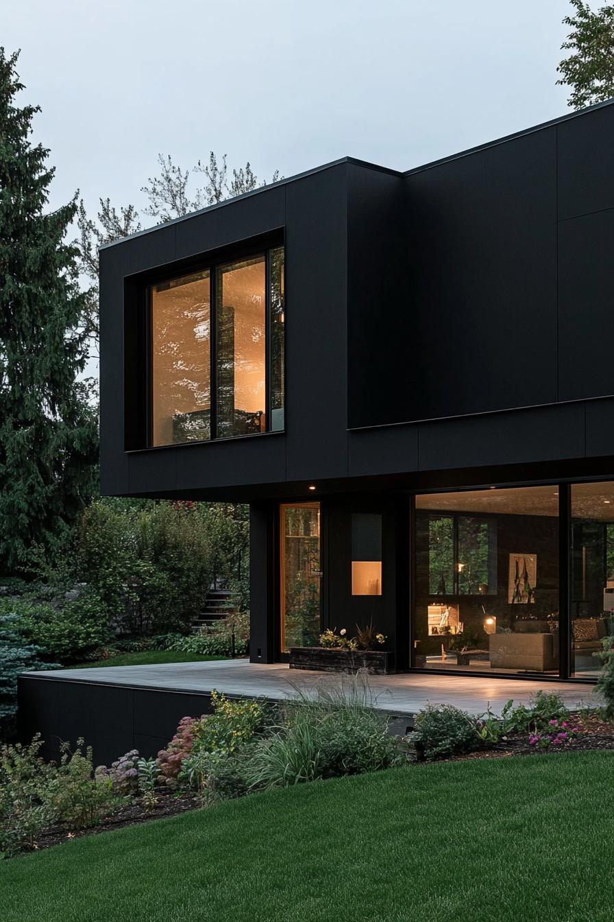 modern dark house matte black facade with oversize windows 3