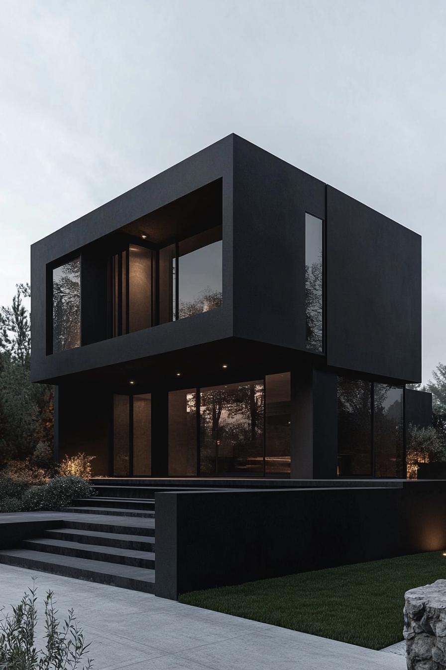 modern dark house matte black facade with oversize windows