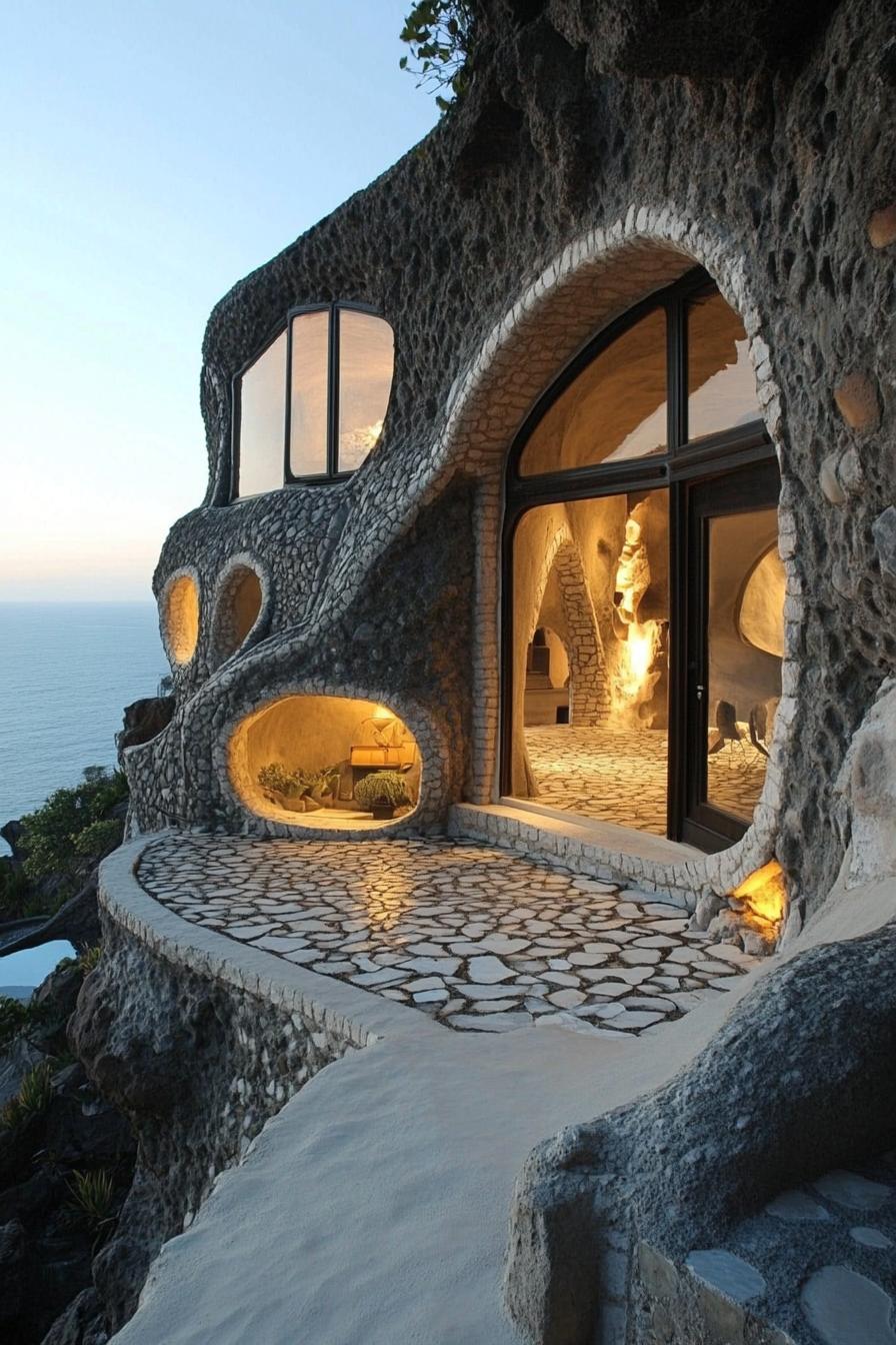 modern earth bermed house facade built into a cave with stone mosaic walls in stunning ocean side cliffs 1