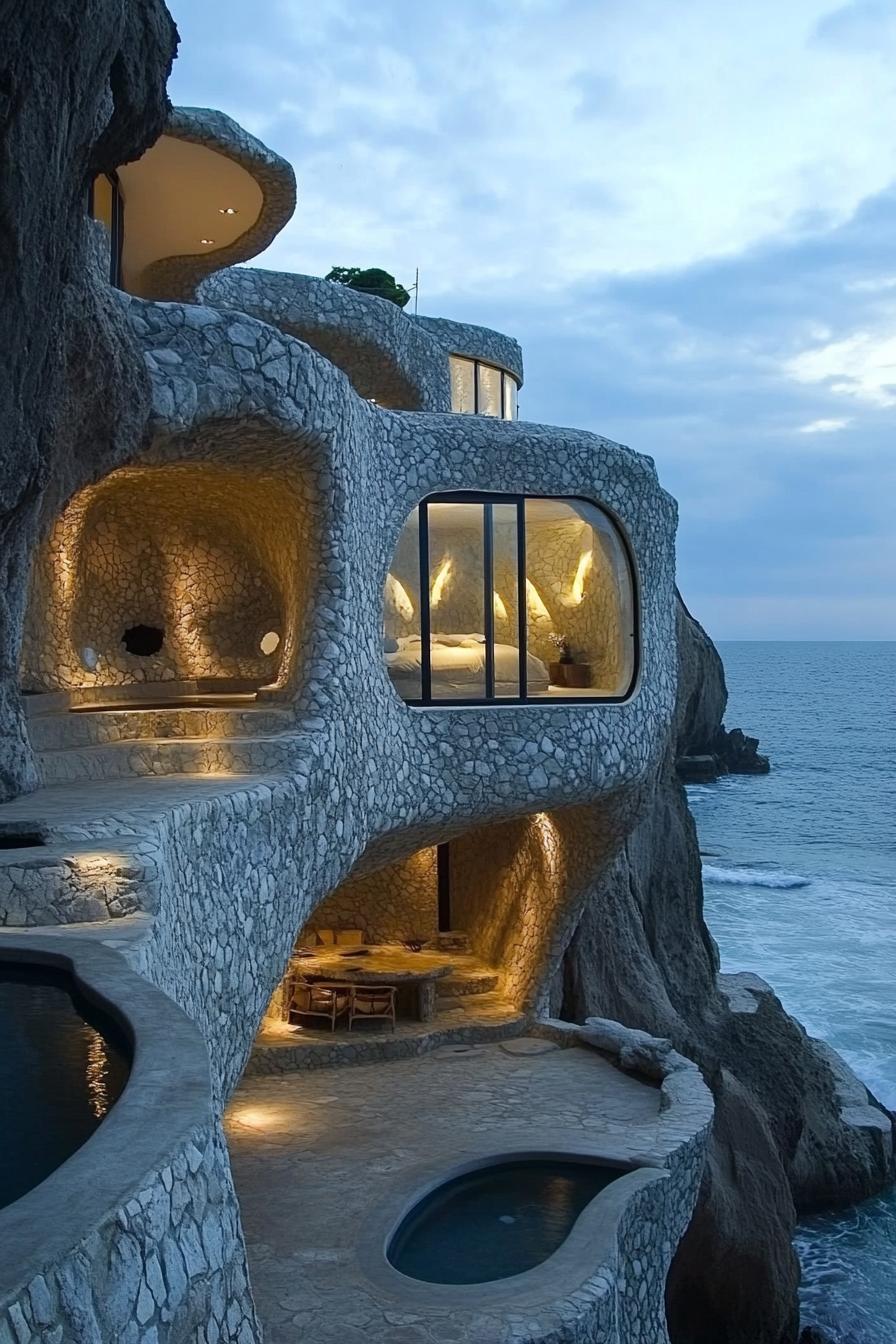 modern earth bermed house facade built into a cave with stone mosaic walls in stunning ocean side cliffs 2