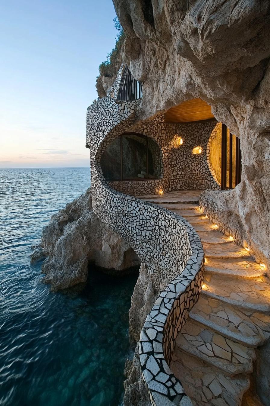 modern earth bermed house facade built into a cave with stone mosaic walls in stunning ocean side cliffs 3