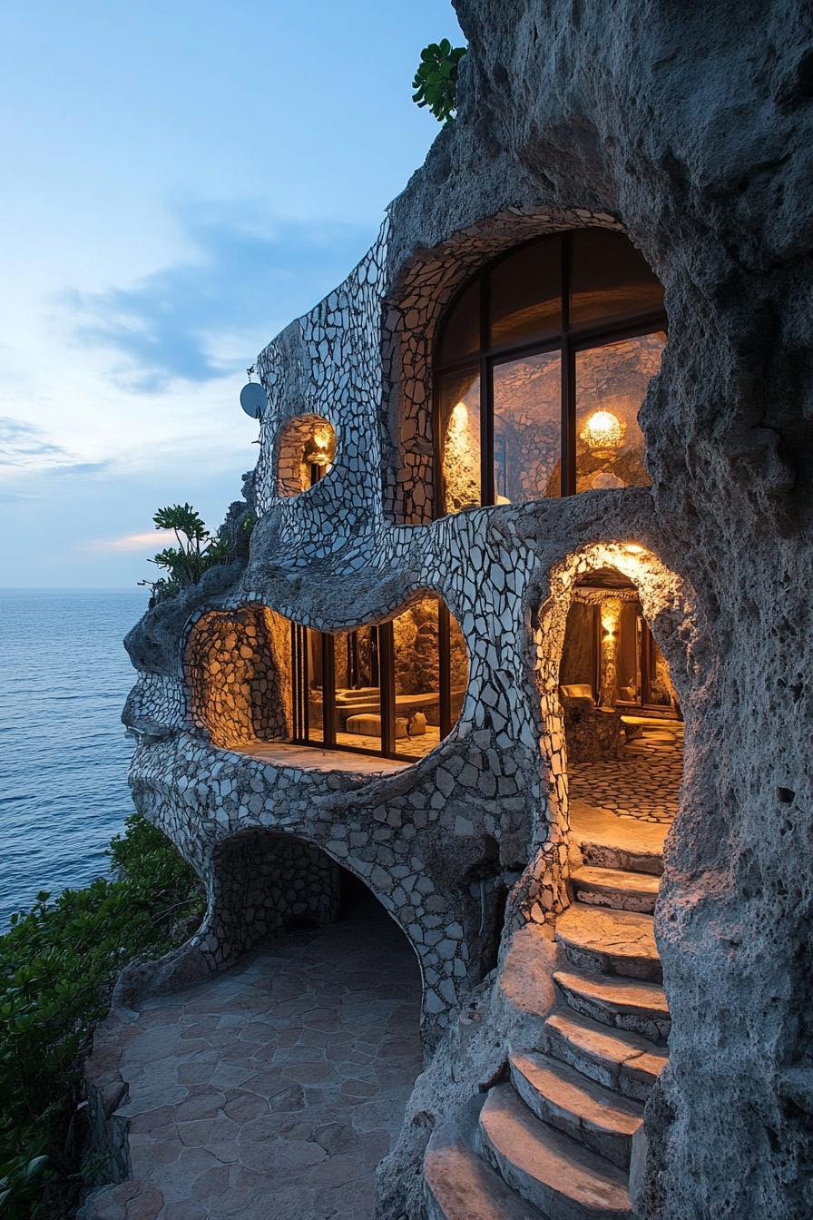 modern earth bermed house facade built into a cave with stone mosaic walls in stunning ocean side cliffs