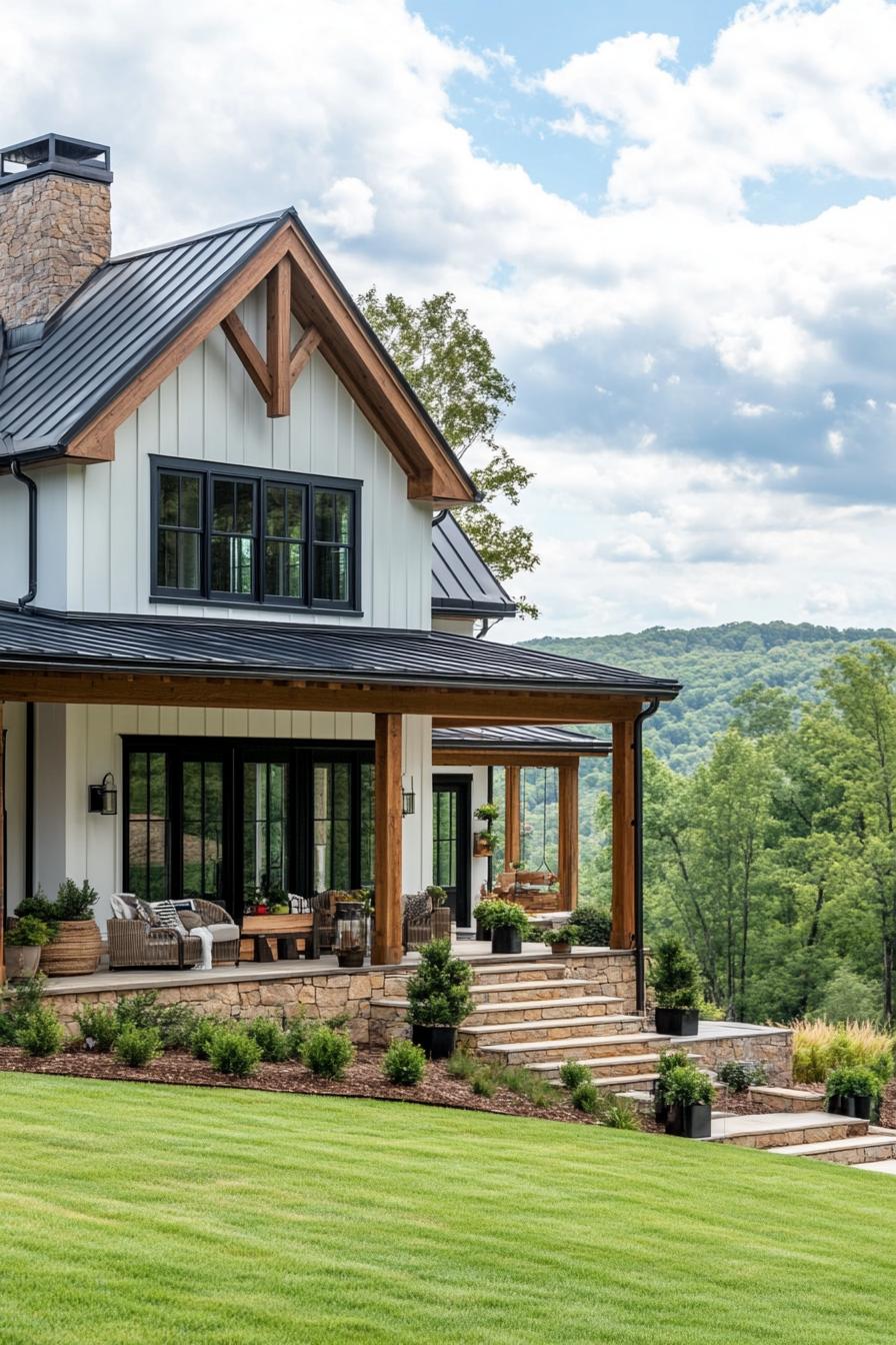 modern farmhouse L shaped house facade with wraparaound porch with wooden beams beautiful green hill scenery 1