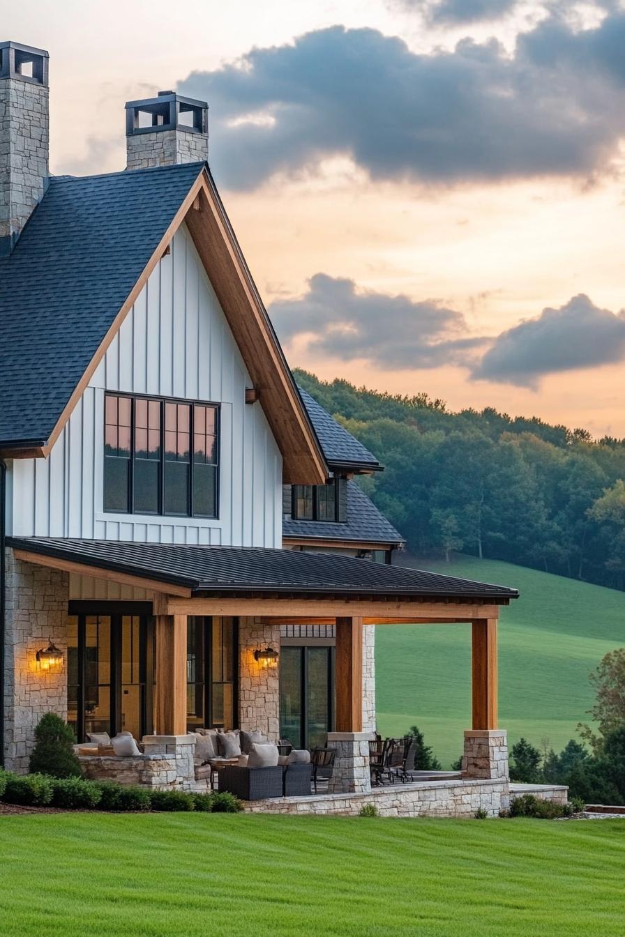 modern farmhouse L shaped house facade with wraparaound porch with wooden beams beautiful green hill scenery 2