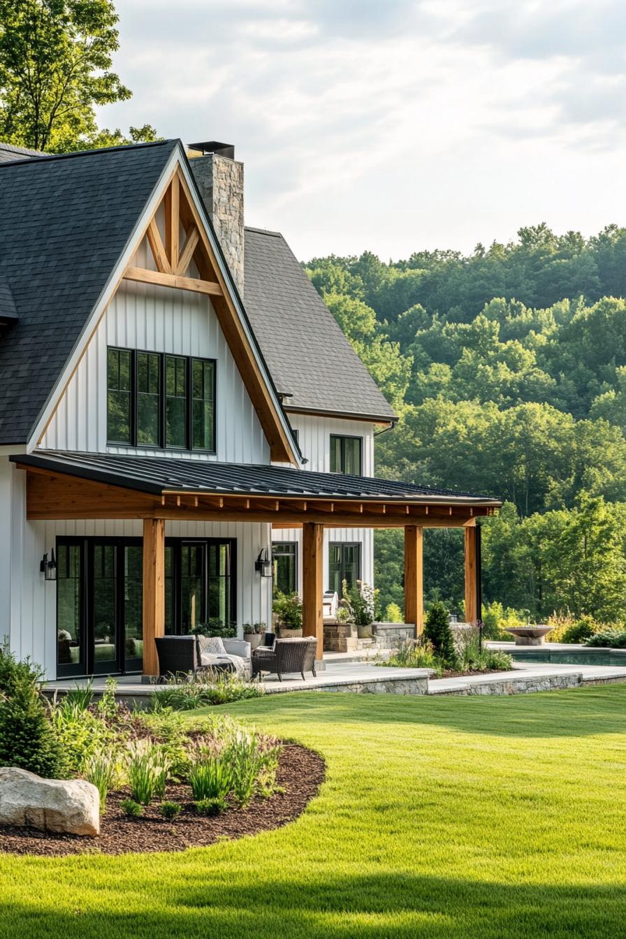 modern farmhouse L shaped house facade with wraparaound porch with wooden beams beautiful green hill scenery 3