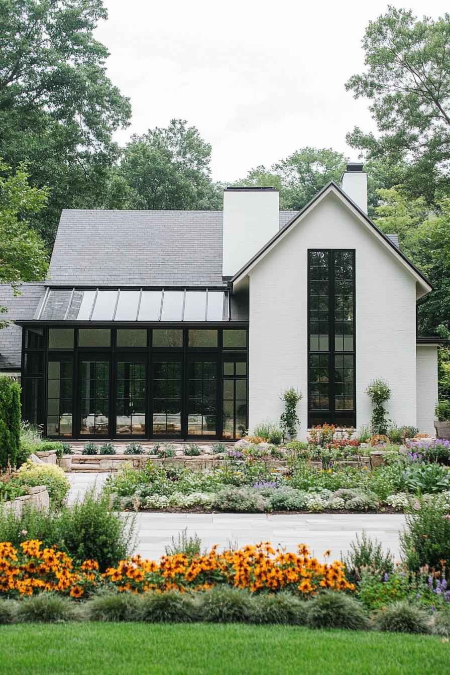 modern farmhouse facade with large glass windows lush garden farm with flowers 1