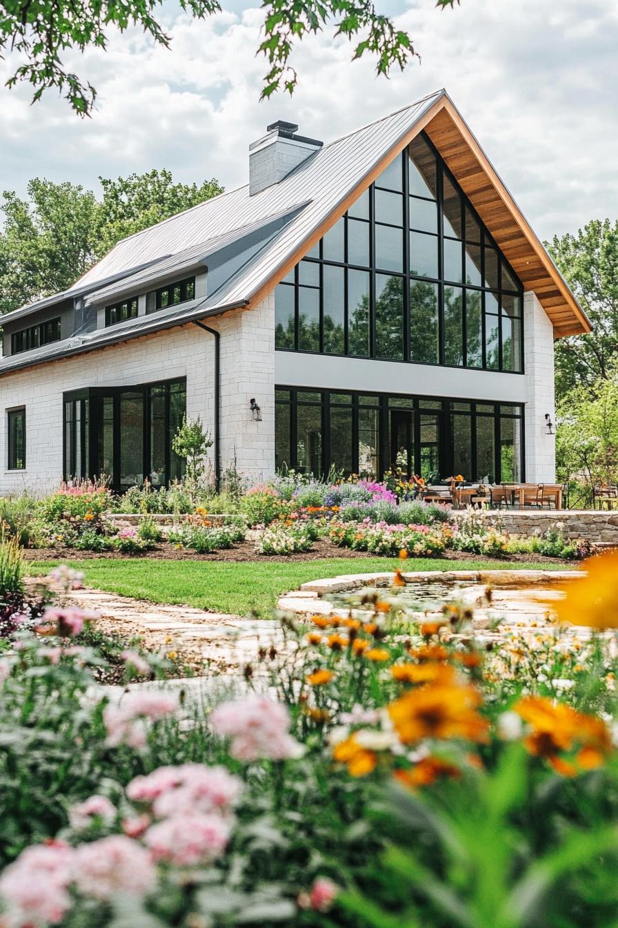 modern farmhouse facade with large glass windows lush garden farm with flowers 2