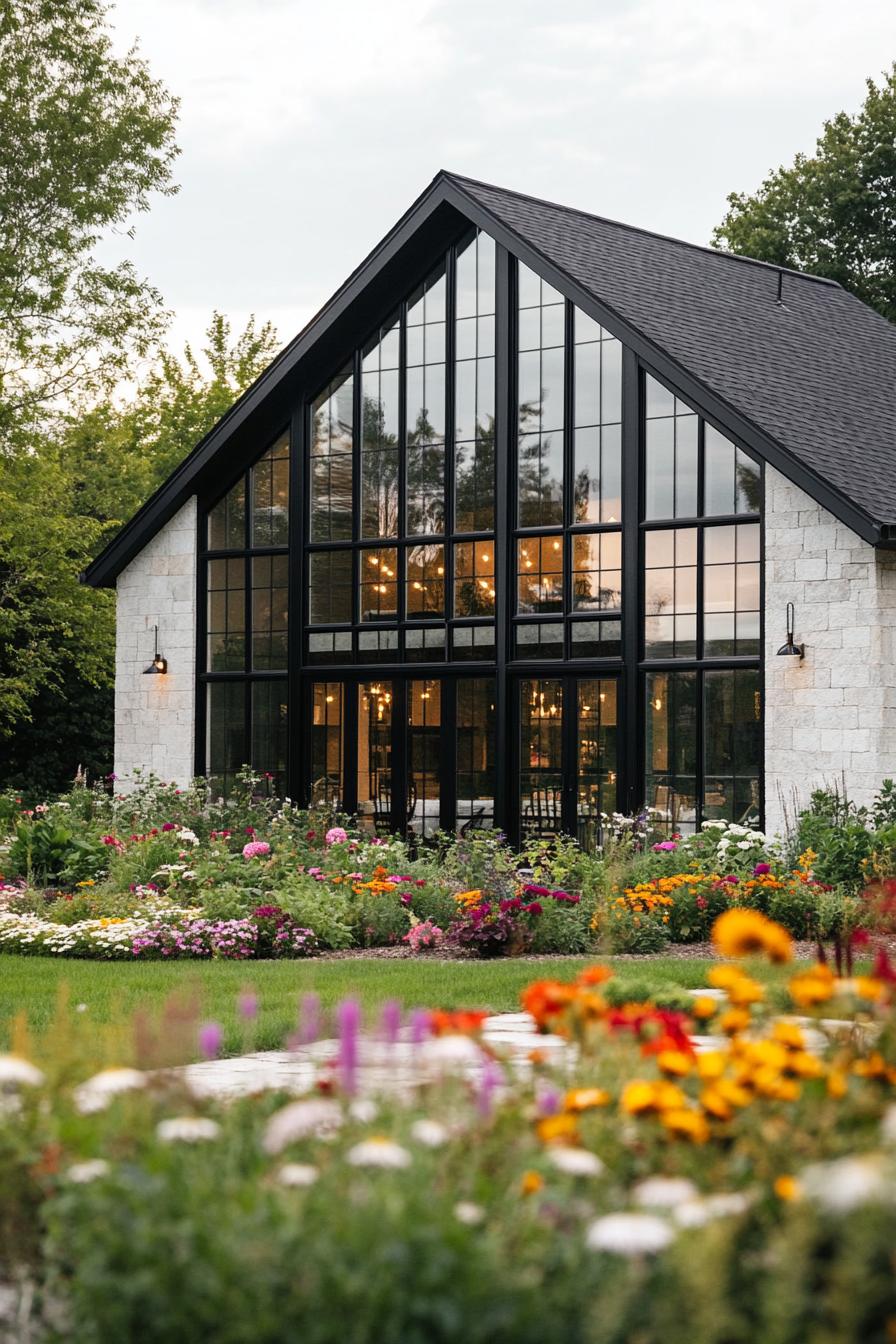 modern farmhouse facade with large glass windows lush garden farm with flowers 3